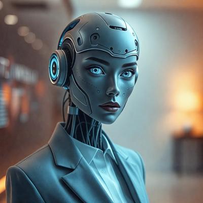The primary subject of the image is a woman wearing a suit and a futuristic-looking headpiece. She is standing in a room with a backdrop of a wall. The visual style of the image is digital art, and the colors and mood are predominantly blue and futuristic.